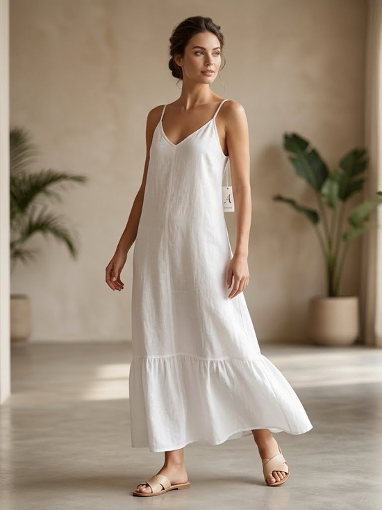 Terzo Millennio Dresses & Skirts - White 100% Linen Tiered Maxi Slip Dress Size M VGUC